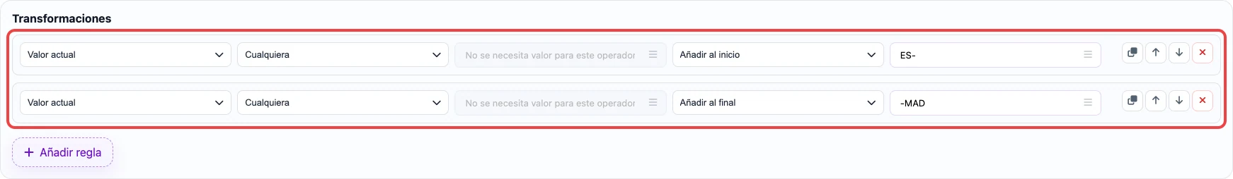 Abrir imagen en grande Dos reglas de Eofferix: Añadir al inicio ES- y Añadir al final -MAD