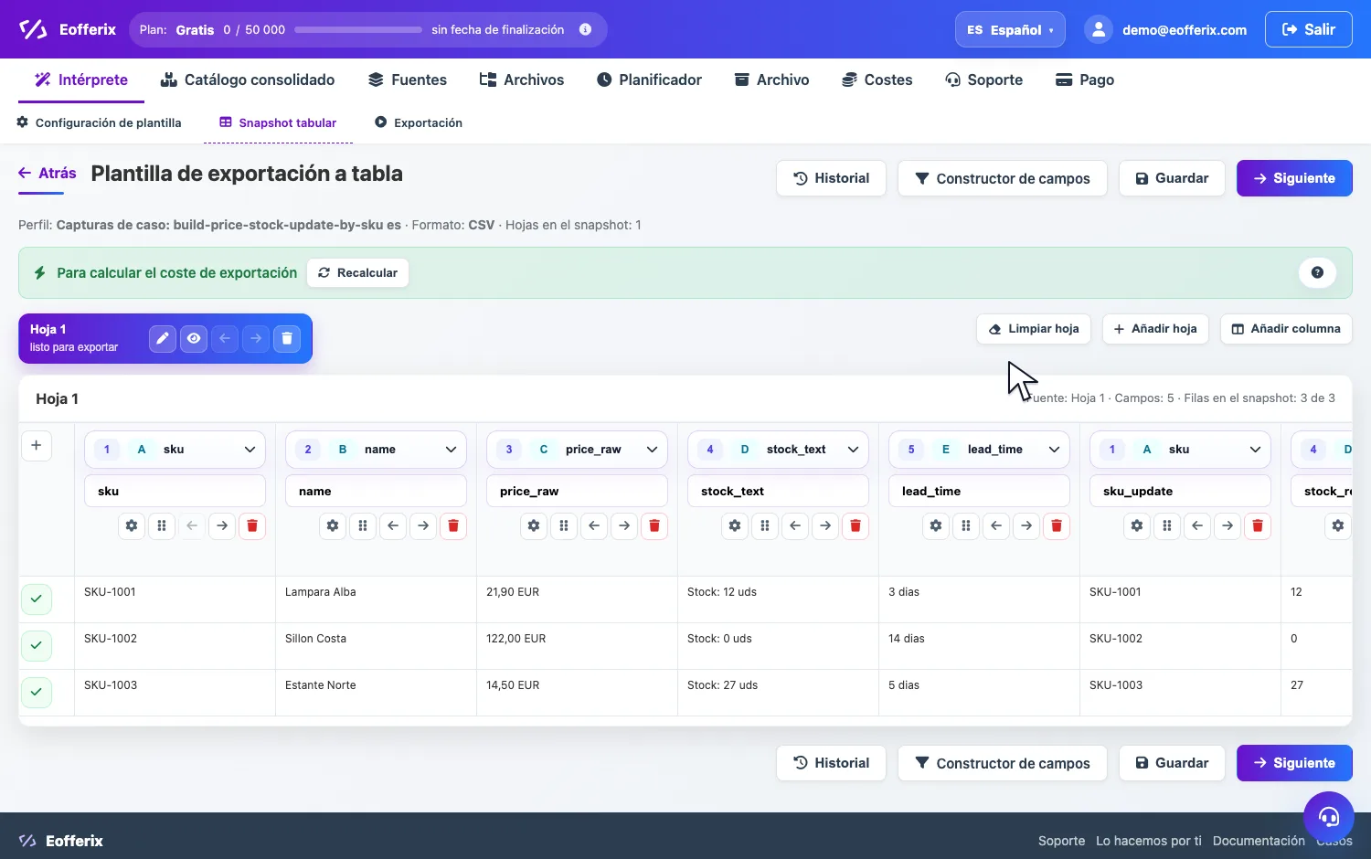 Apertura de la configuración de stock_regex en Eofferix