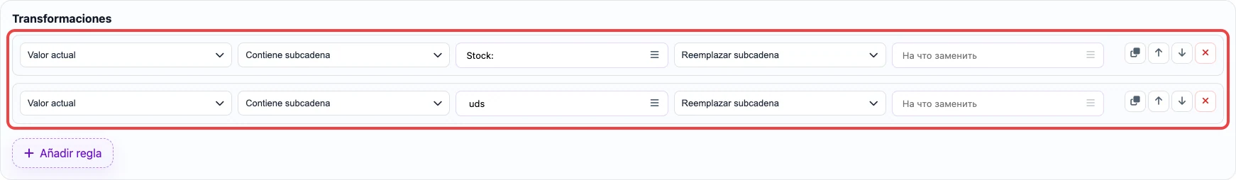 Abrir imagen en grande Reglas de subcadena para quitar prefijo y sufijo de stock