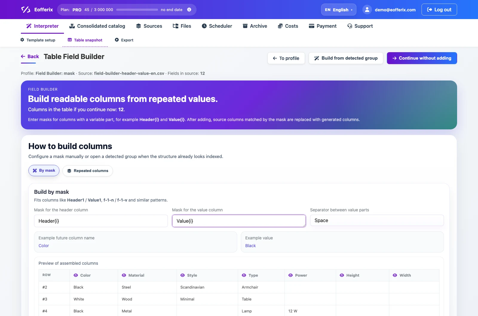 Confirming generated columns in Field Builder