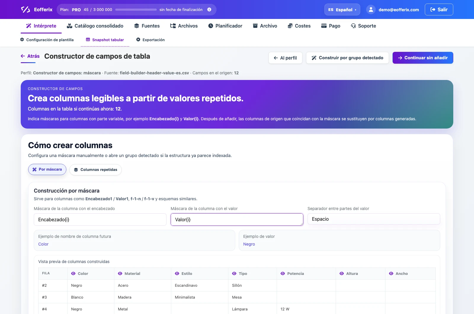 Abrir imagen en grande Confirmación de columnas generadas en el Constructor de campos