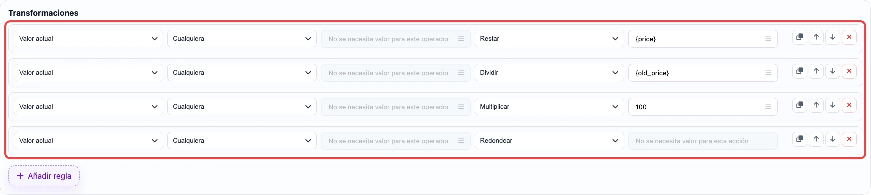 Cadena de reglas matemáticas para porcentaje de descuento
