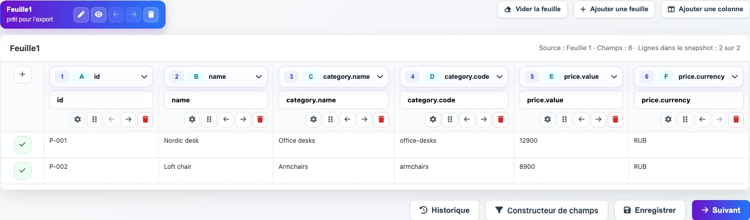 Snapshot de tableau avec colonnes de chemins JSON