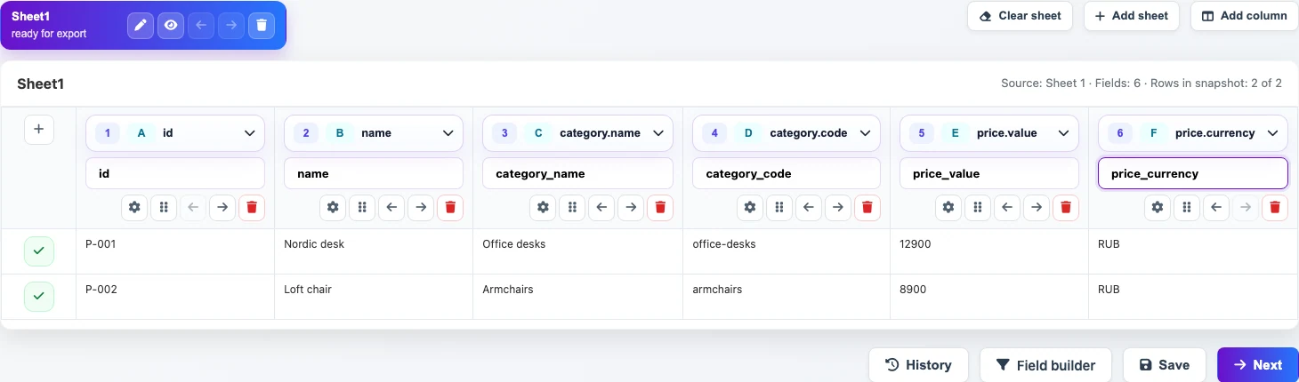 Open image larger Renamed CSV columns for nested JSON fields