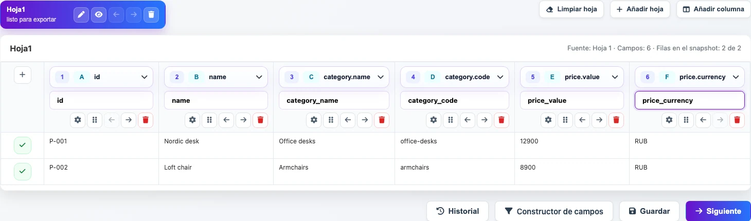 Columnas CSV renombradas para campos JSON anidados