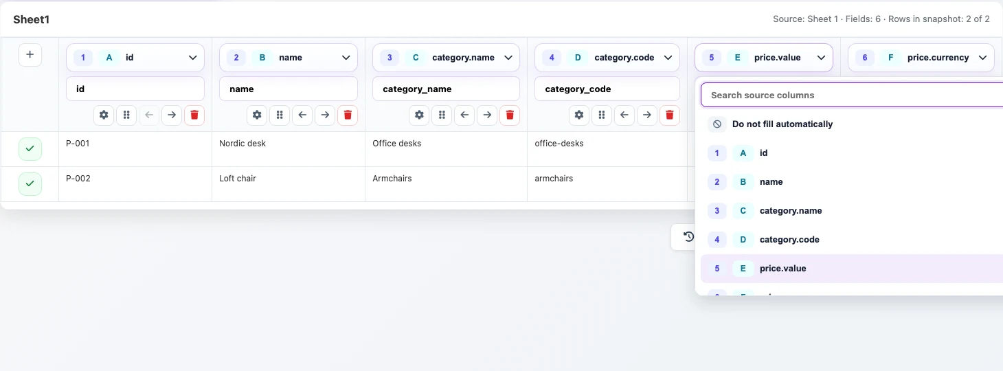 Source field dropdown for price_value