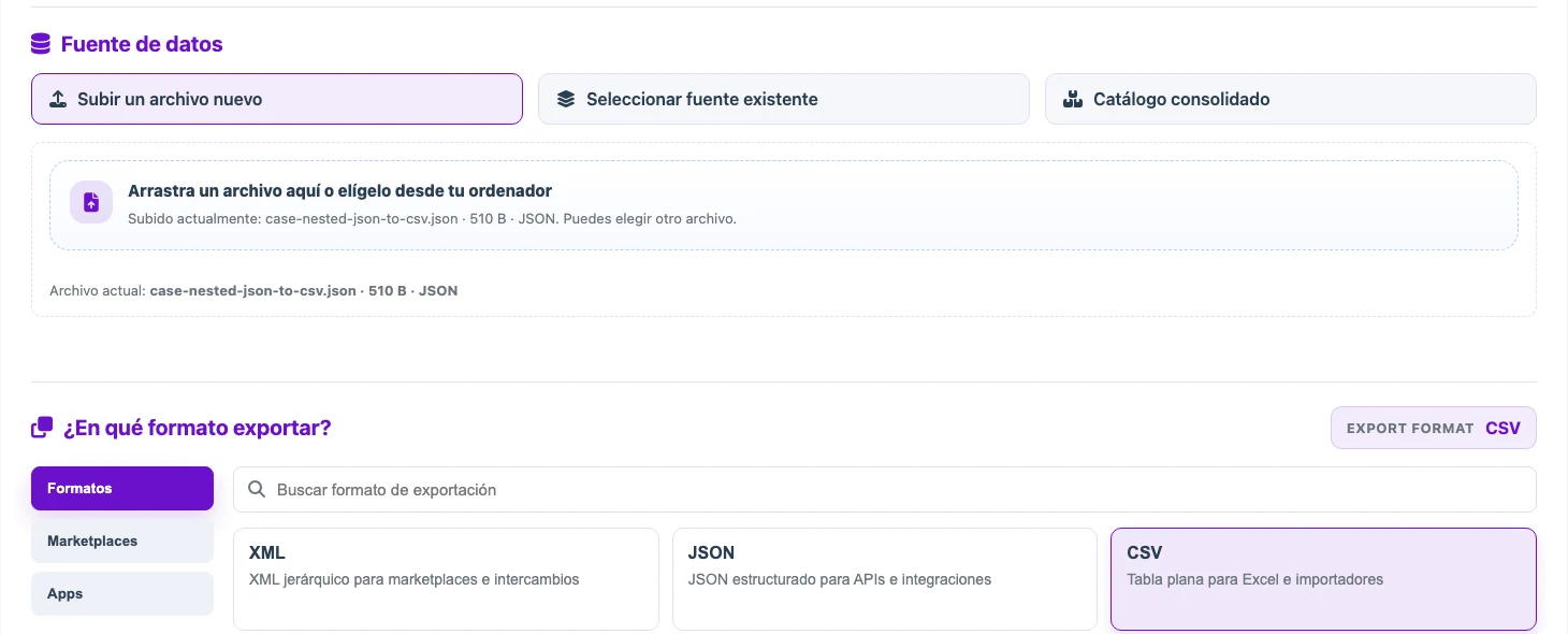 Abrir imagen en grande Origen JSON y salida CSV seleccionados en Eofferix