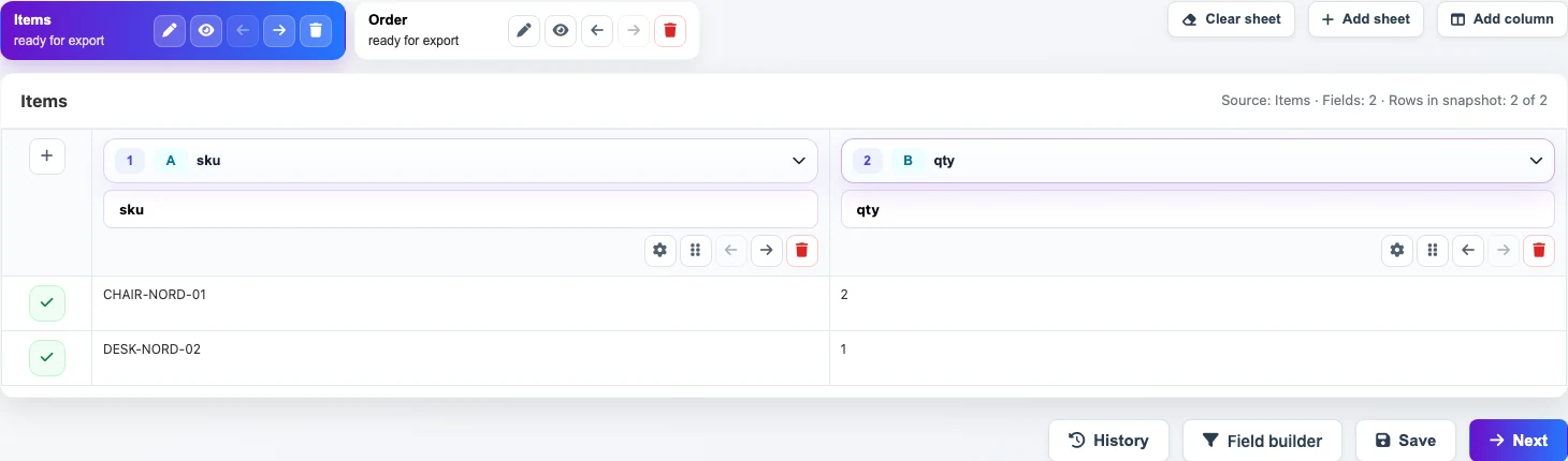 Items sheet moved to the first position