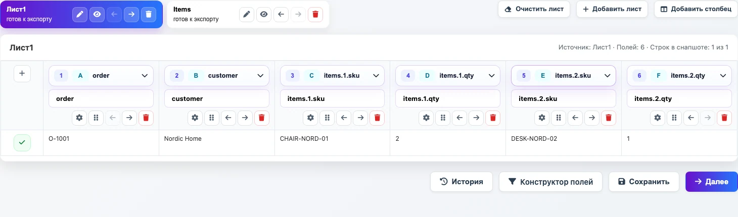 Лист1 показывает массив items как колонки items.1.sku и items.2.sku