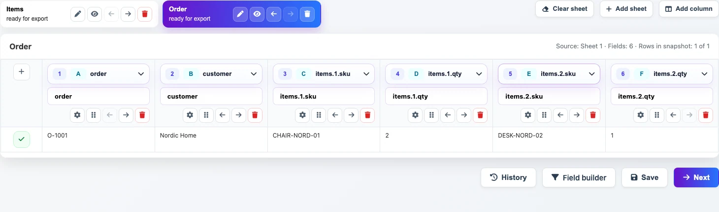 Order sheet with items expanded into columns