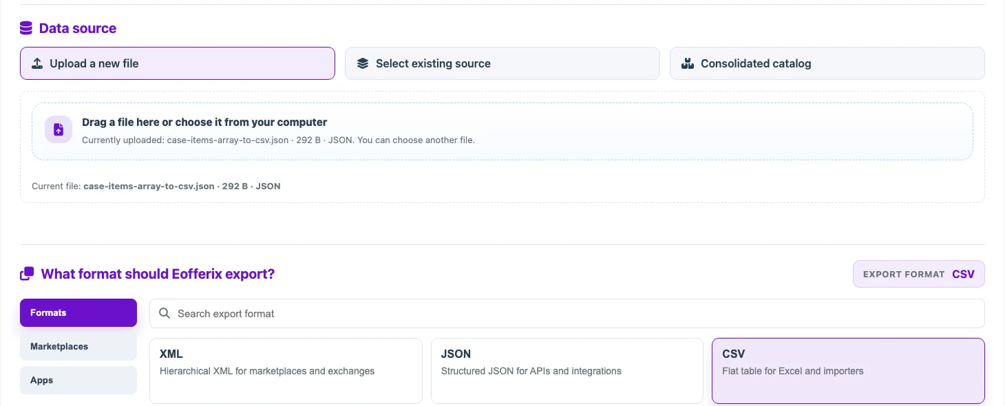 Open image larger JSON source and CSV output selected in Eofferix