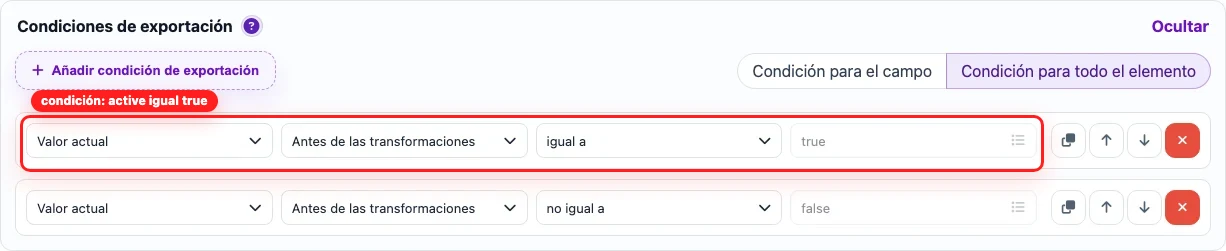 Condición de exportación active igual true en Eofferix