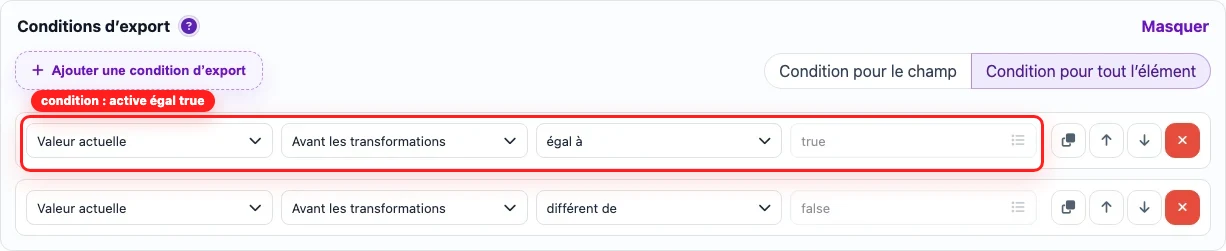 Condition d’export active égal true dans Eofferix