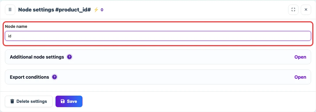 Open image larger Screenshot of the Node name field in Eofferix JSON node settings