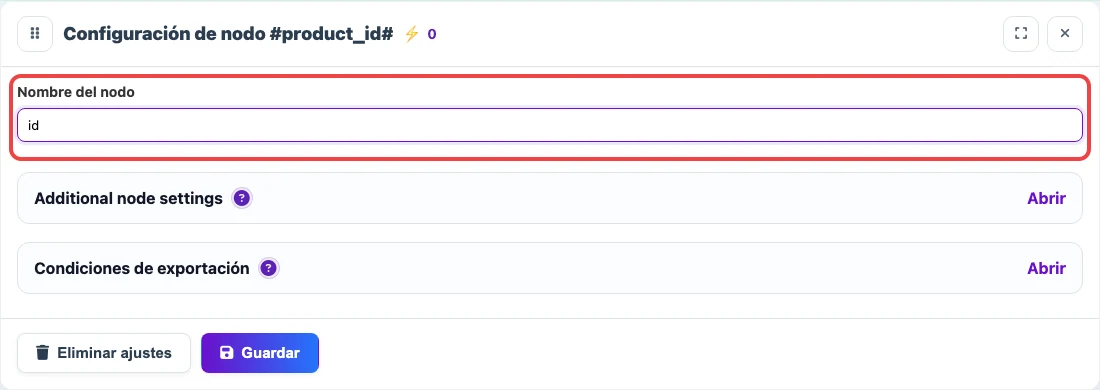 Abrir imagen en grande Captura del campo Nombre del nodo en los ajustes de nodo JSON de Eofferix