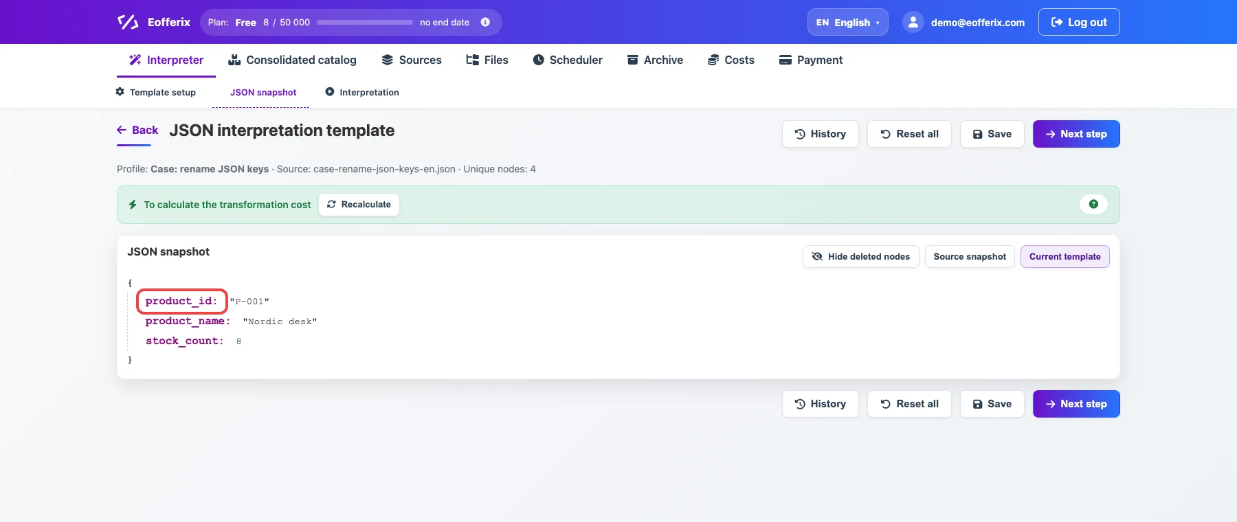 Open image larger Eofferix JSON editor screenshot with the product_id key highlighted