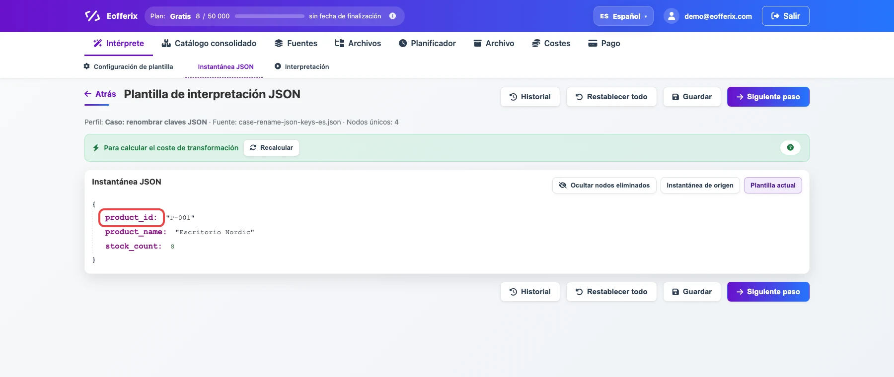 Abrir imagen en grande Captura del editor JSON de Eofferix con la clave product_id resaltada