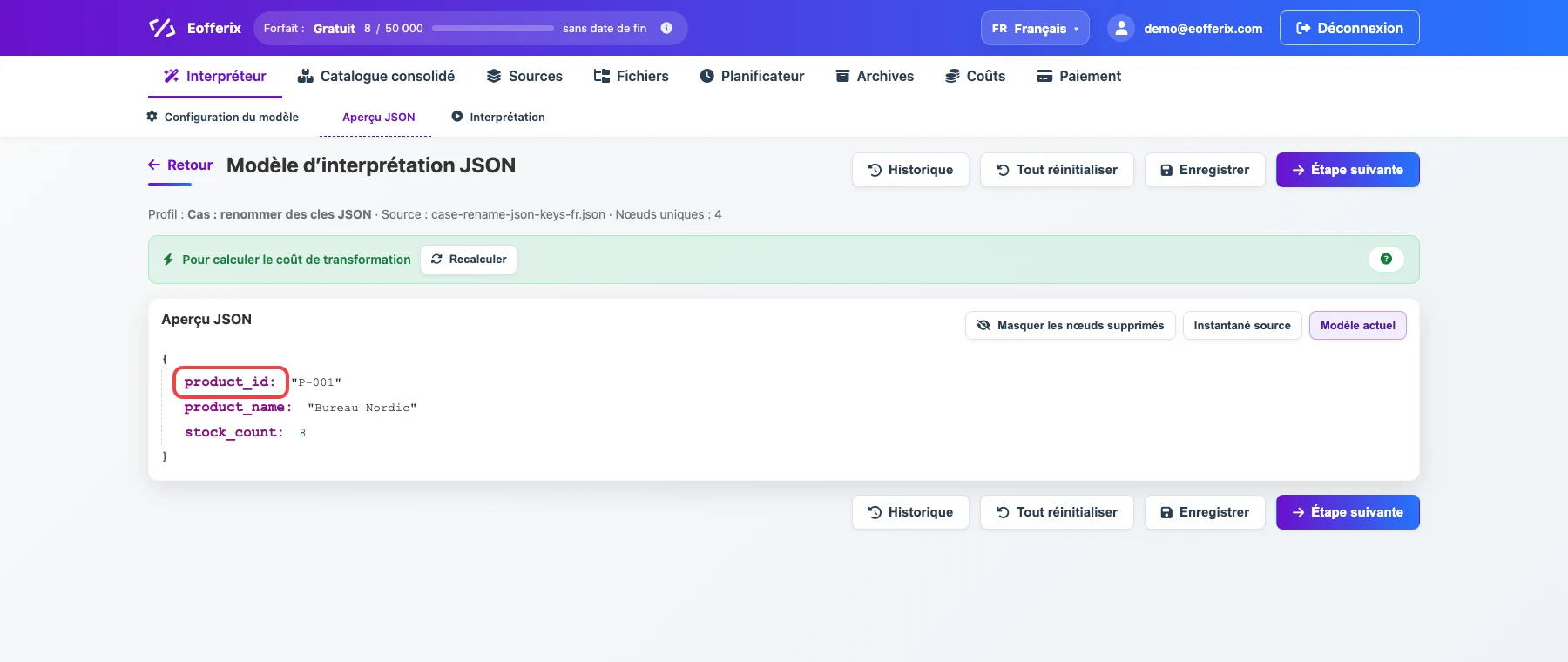 Capture de l’éditeur JSON Eofferix avec la clé product_id encadrée