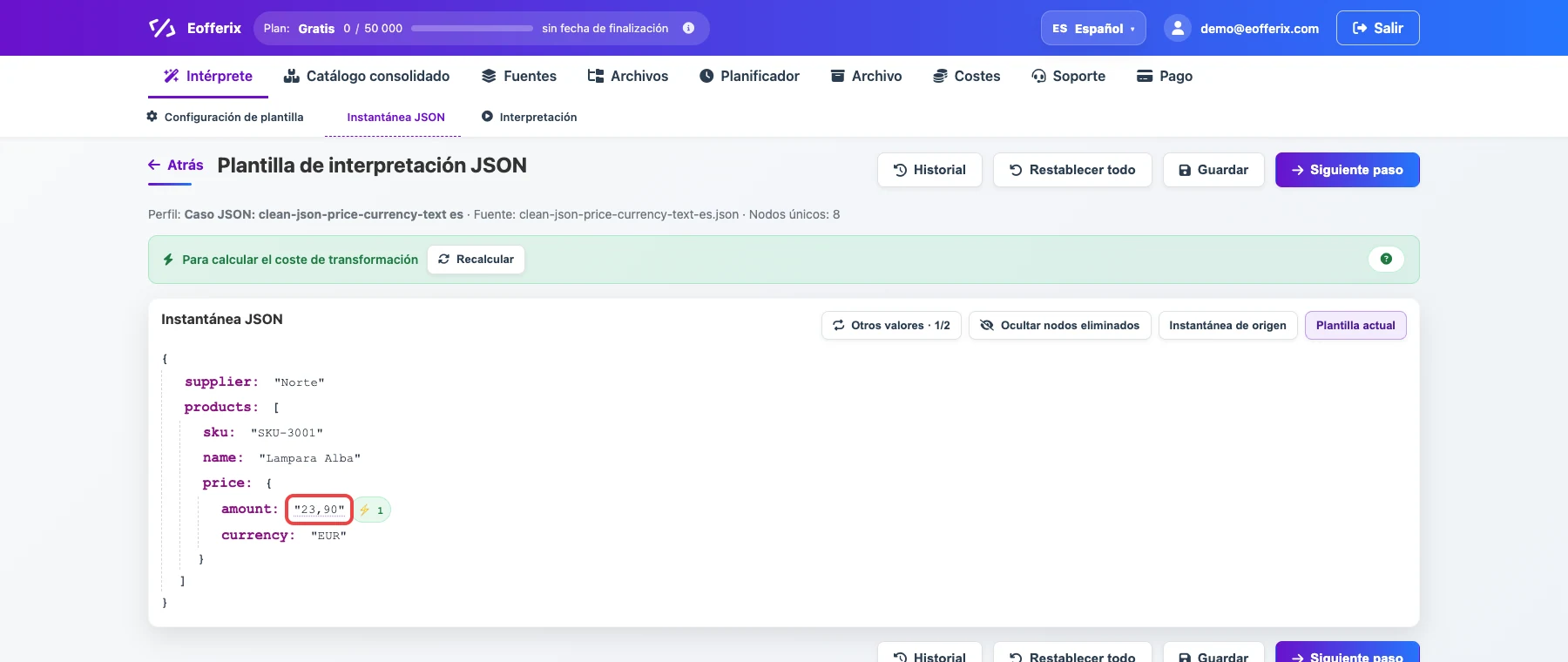 Abrir imagen en grande Campo JSON price amount