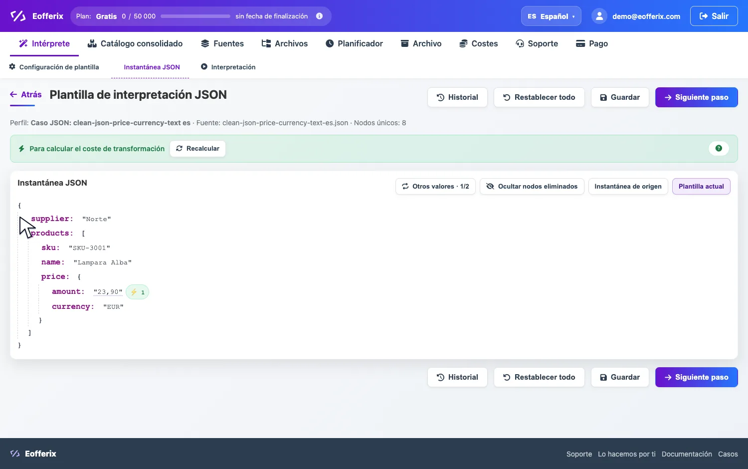 Apertura de amount en JSON