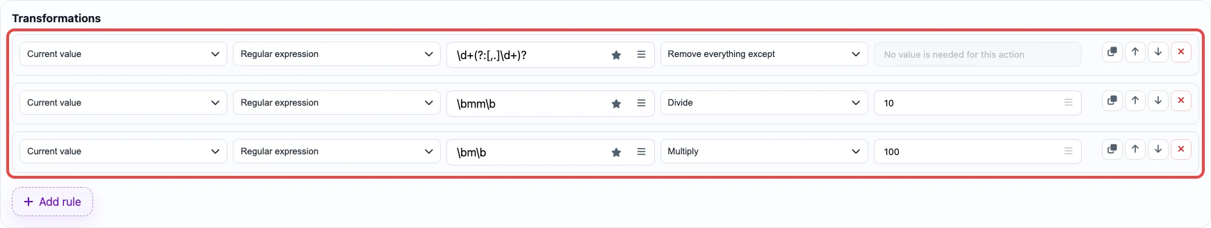 Open image larger Screenshot of transformation rules for the length_cm column