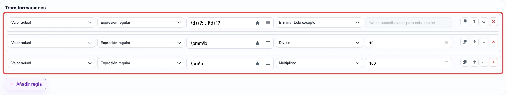 Abrir imagen en grande Captura de las reglas de transformación para la columna length_cm
