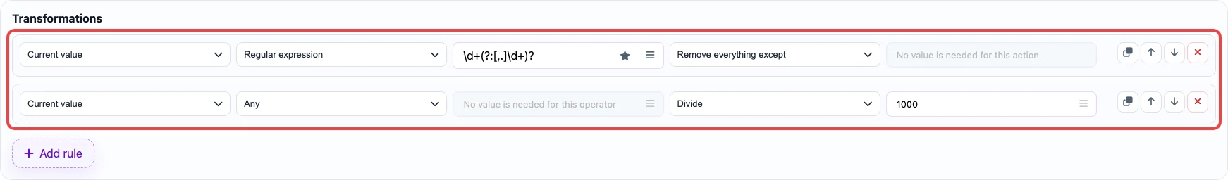 Screenshot of transformation rules for the volume_l column