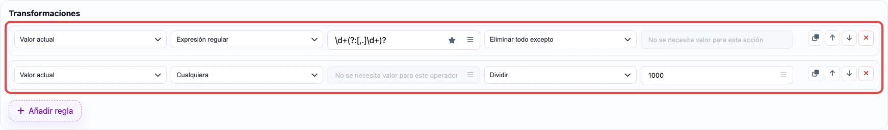 Abrir imagen en grande Captura de las reglas de transformación para la columna volume_l