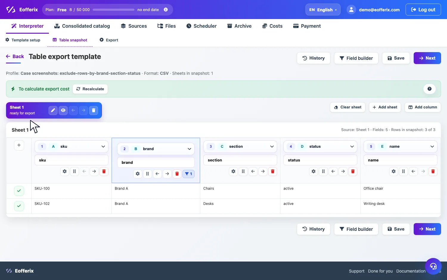 Opening the brand column settings in Eofferix