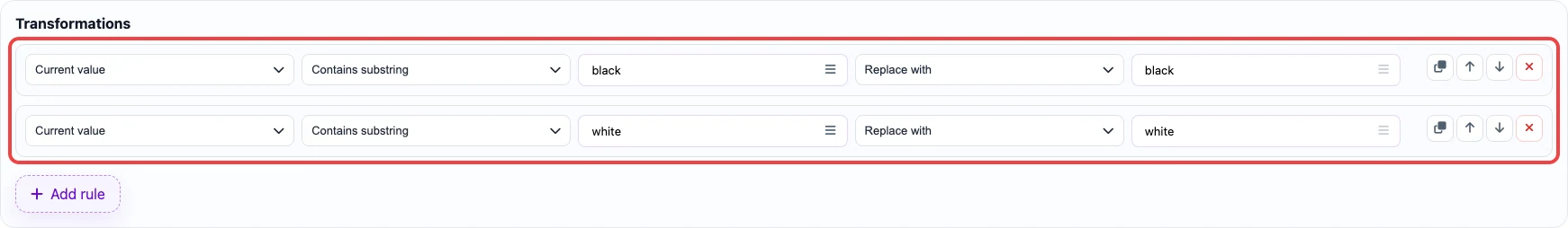 Screenshot of transformation rules for the color column