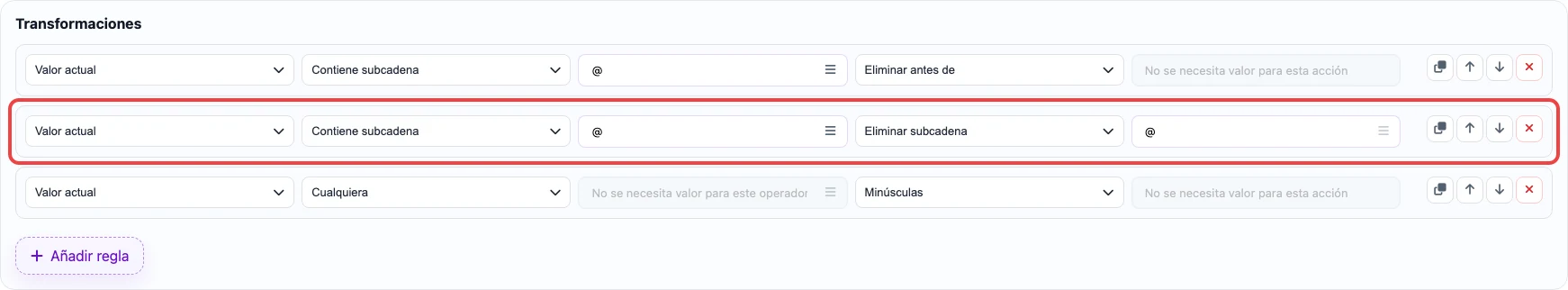 Regla que elimina @ del valor
