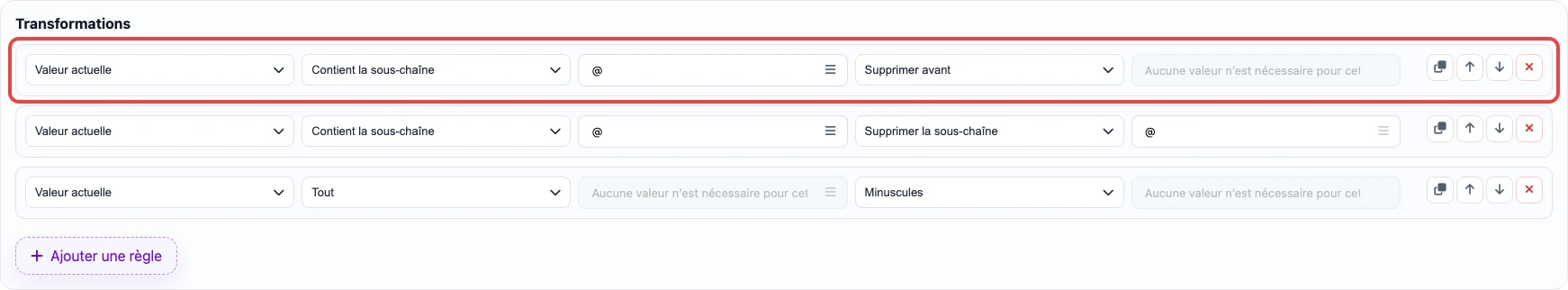 Règle qui supprime le texte avant @