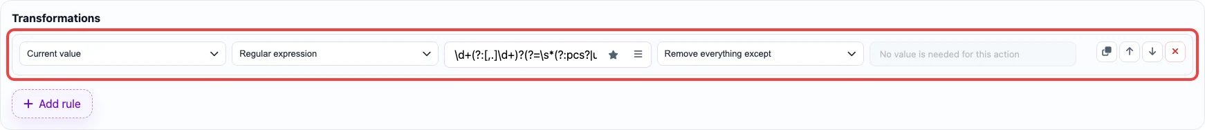 Screenshot of transformation rules for the pack_qty column