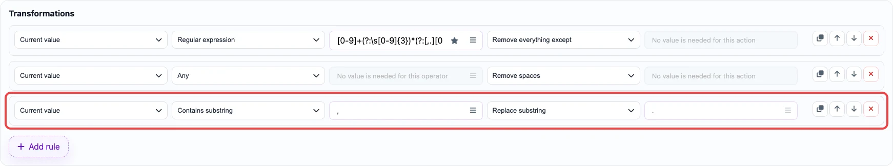 Rule that replaces comma with dot in the price