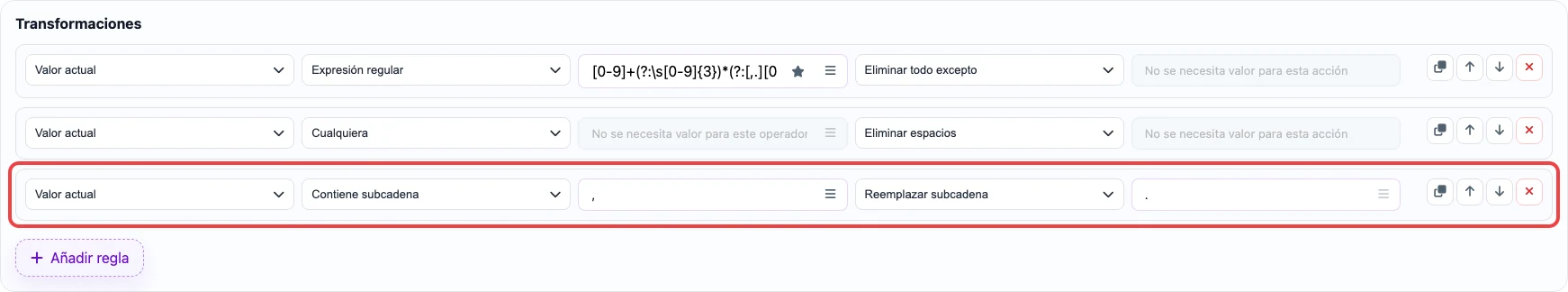 Abrir imagen en grande Regla que cambia coma por punto en el precio