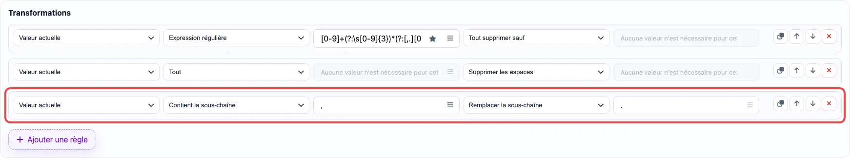 Règle remplaçant la virgule par un point dans le prix