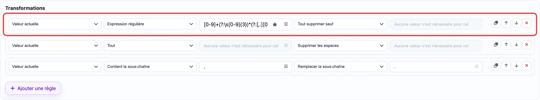 Règle pour extraire la partie numérique du prix