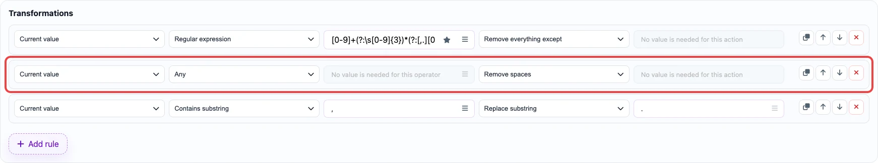 Rule that removes spaces from the price