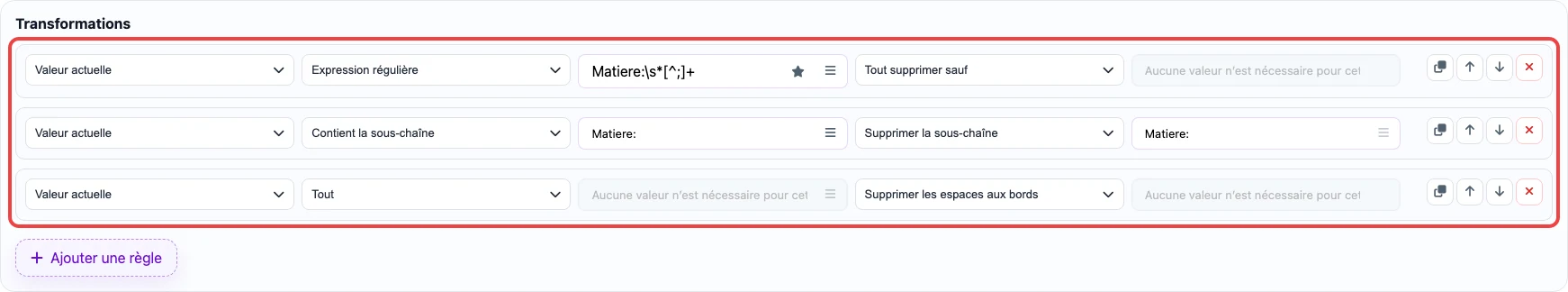 Règles pour extraire la matière depuis specs
