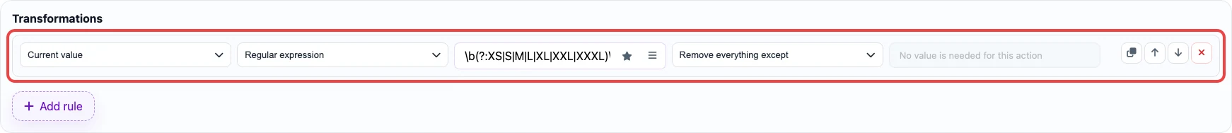 Screenshot of transformation rules for the size column