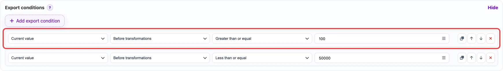 Row export condition for the minimum price
