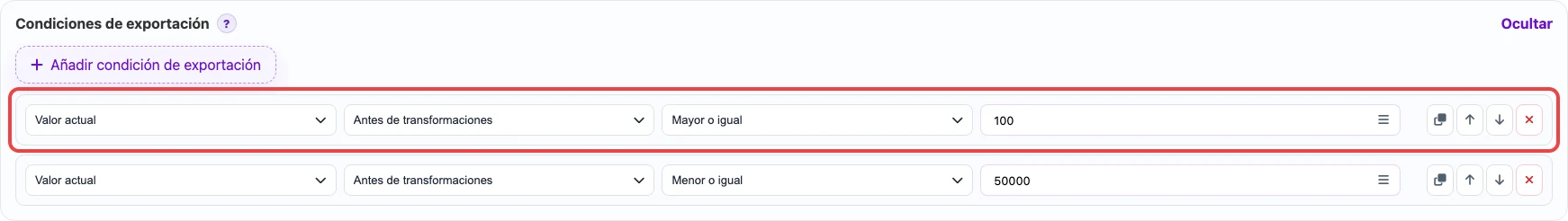 Condición de exportación de fila para precio mínimo