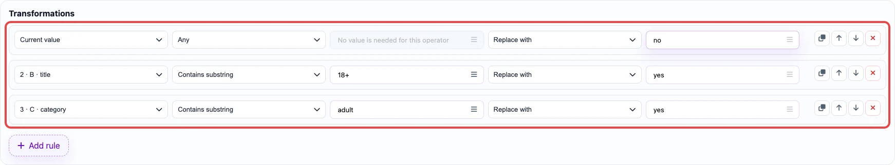 Screenshot of transformation rules for the adult column