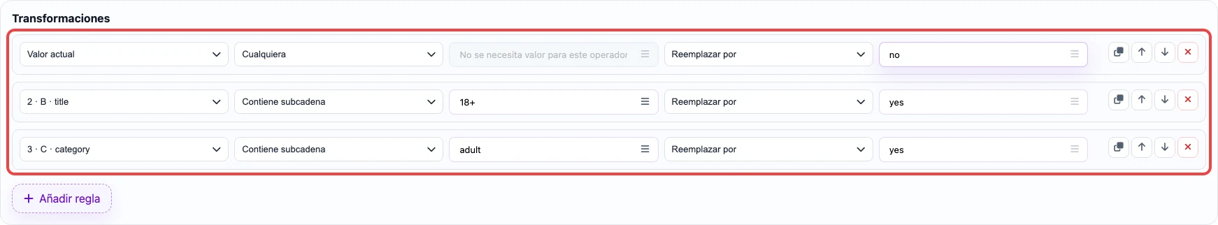 Captura de las reglas de transformación para la columna adult