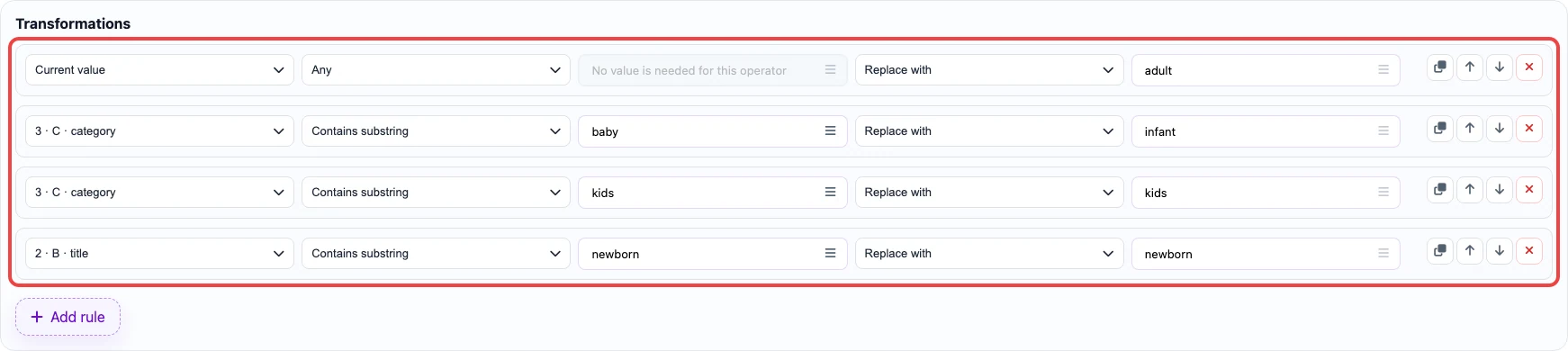 Open image larger Screenshot of transformation rules for the age_group column