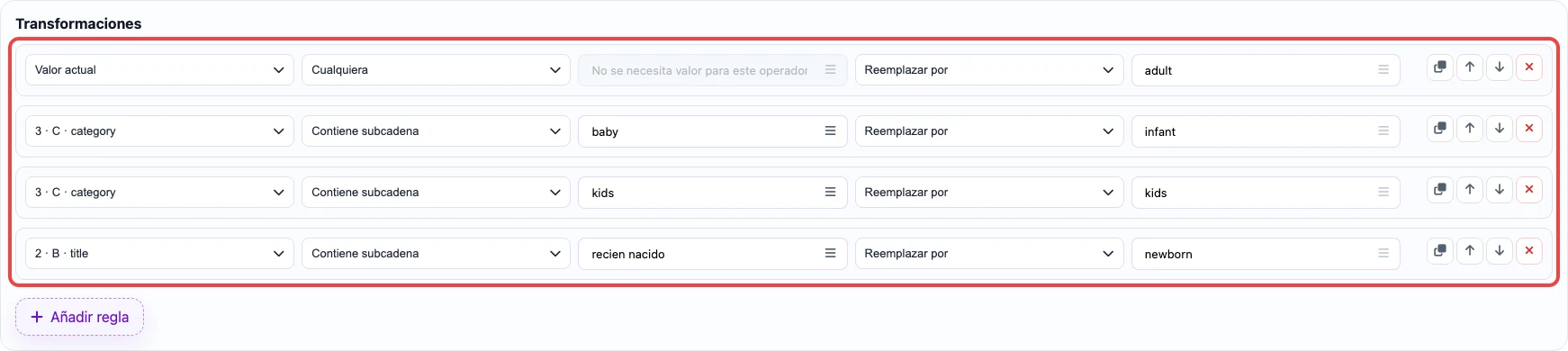 Abrir imagen en grande Captura de las reglas de transformación para la columna age_group