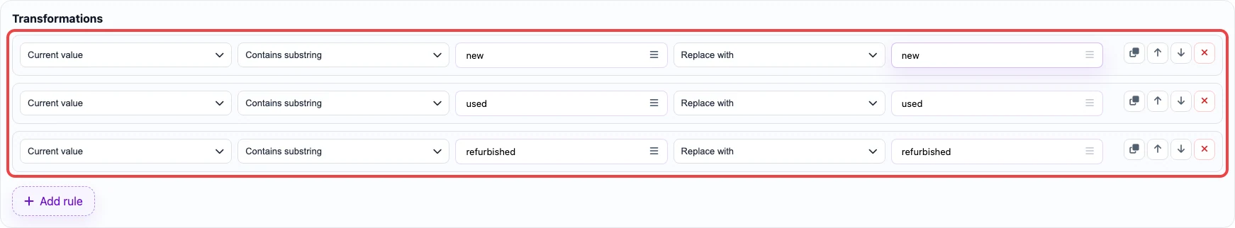 Screenshot of transformation rules for the condition column