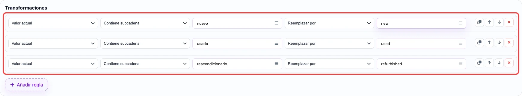 Captura de las reglas de transformación para la columna condition