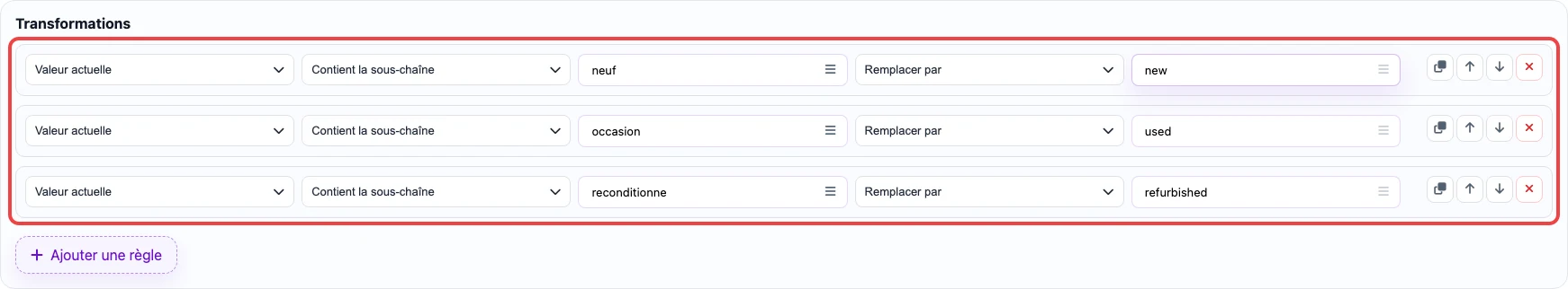 Ouvrir l’image en grand Capture des règles de transformation pour la colonne condition