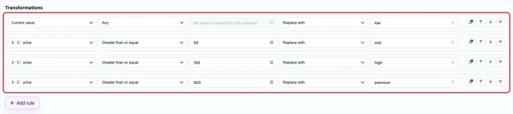 Open image larger Screenshot of transformation rules for the custom_label_0 column